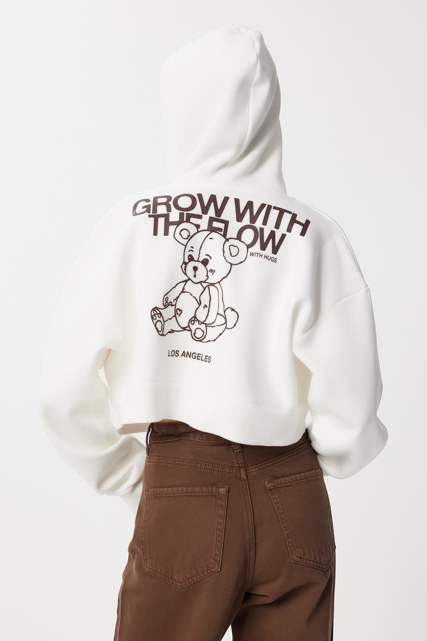 Hooded Printed Ribbed Crop Knitted Sweatshirt Lub0228 Ecru