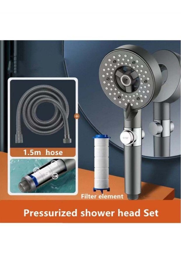 1-Set Bath Shower Head Set Handheld Shower Filter and Hose Grey 10x27 cm