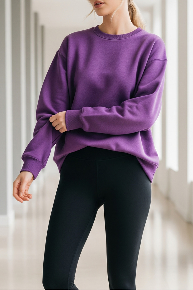 Kadın Oversize Kışlık Salaş Mor Sweatshirt - 4