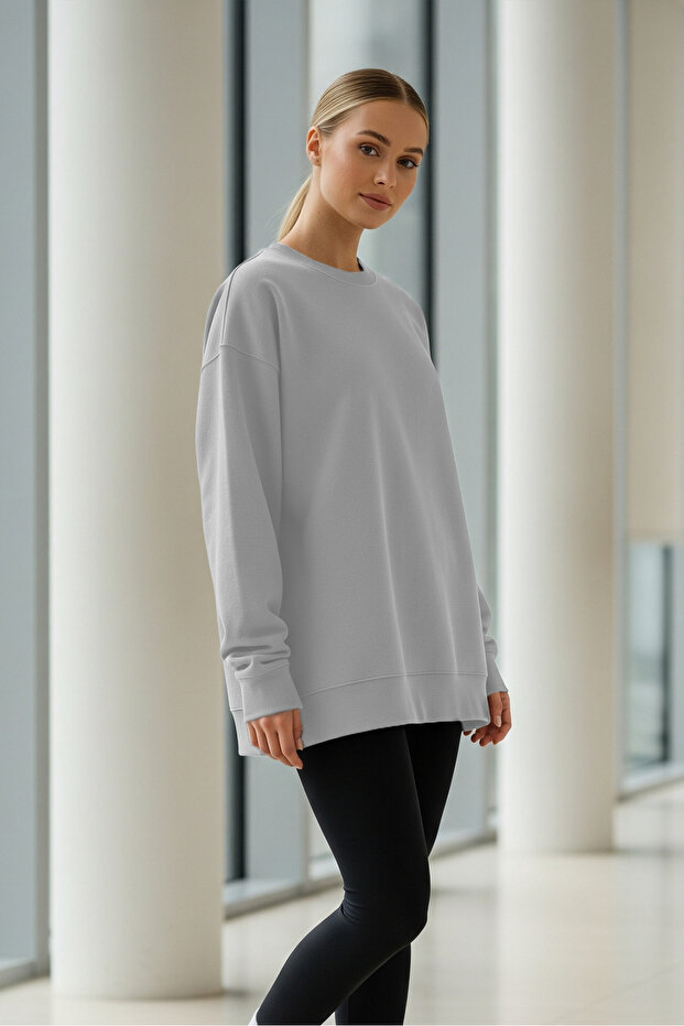 Kadın Oversize Kışlık Salaş Gri Sweatshirt - 4