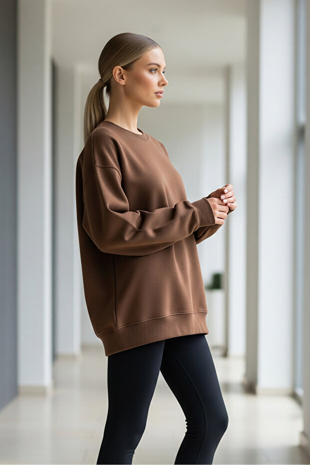 Kadın Oversize Kışlık Salaş Kahve Sweatshirt - 5