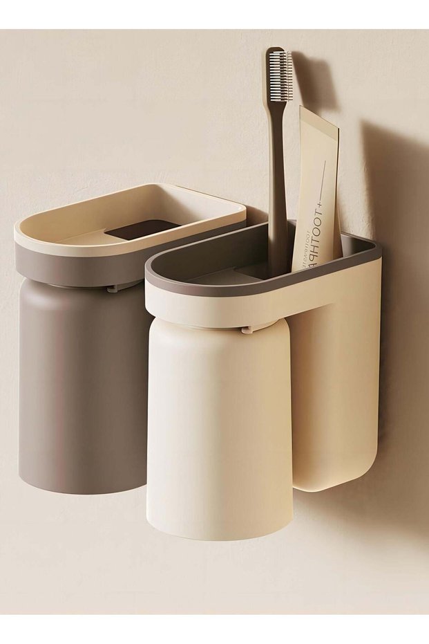 2Pcs Cup and Toothbrush Holder Set: 2-in-1 Creative Wall-Mounted Design for a Tidy Bathroom