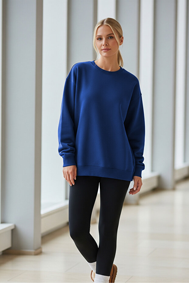 Kadın Oversize Kışlık Salaş Mavi Sweatshirt - 6