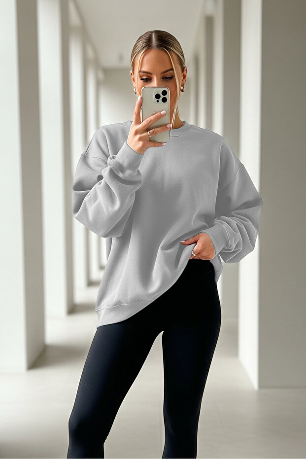 Kadın Oversize Kışlık Salaş Gri Sweatshirt - 1