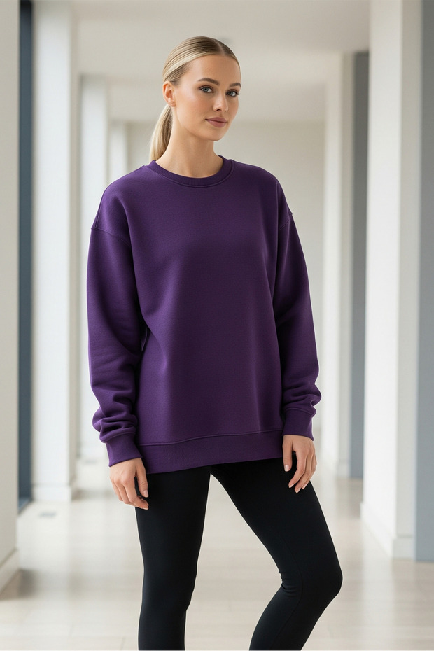 Kadın Oversize Kışlık Salaş Mor Sweatshirt - 3