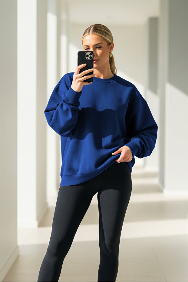 Kadın Oversize Kışlık Salaş Mavi Sweatshirt - 3