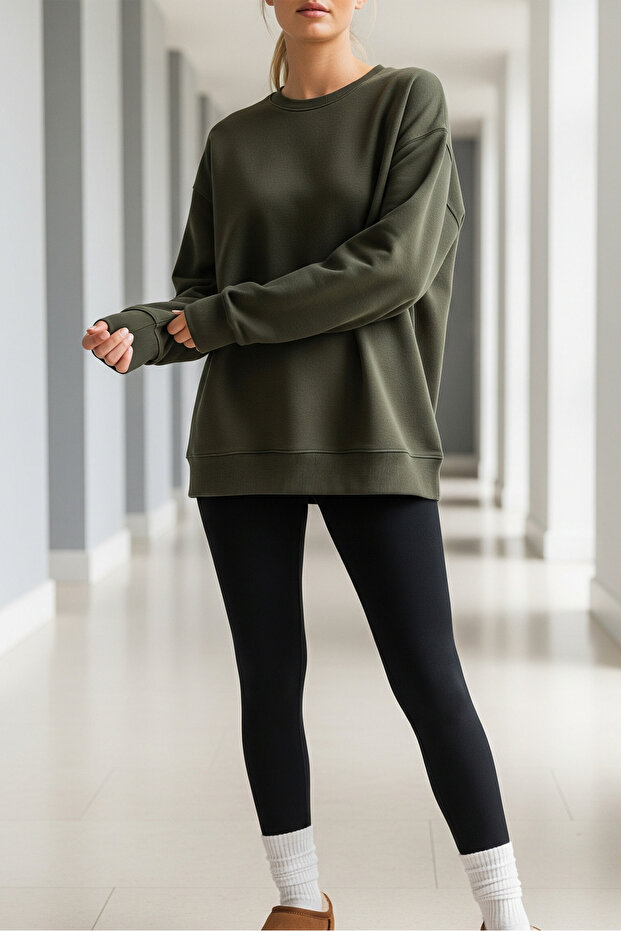 Kadın Oversize Kışlık Salaş Haki Sweatshirt - 4
