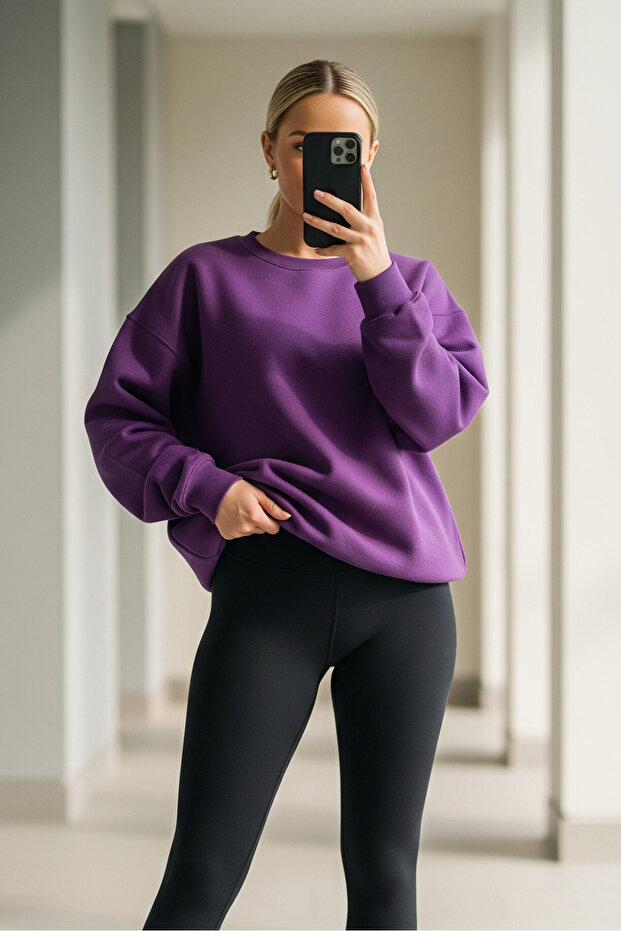Kadın Oversize Kışlık Salaş Mor Sweatshirt - 2