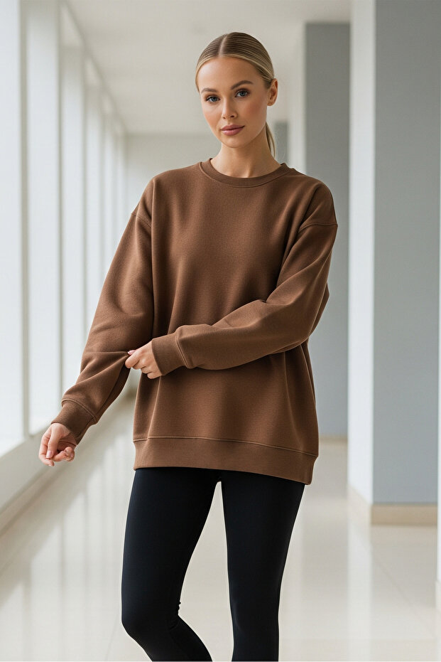 Kadın Oversize Kışlık Salaş Kahve Sweatshirt - 6