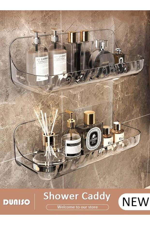 2 Pack Wall Mounted Shower Caddy, Hollow Design Adhesive Bathroom Corner Caddy, No Drilling Hang Wa