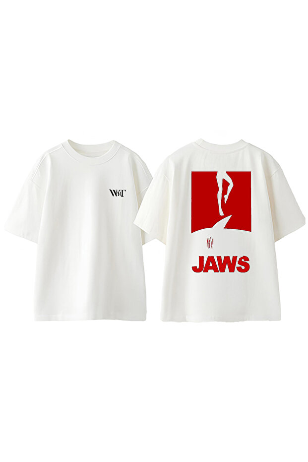 تي شيرت قطني أبيض كبير الحجم مطبوع عليه تصميم Jaws 4 على الظهر