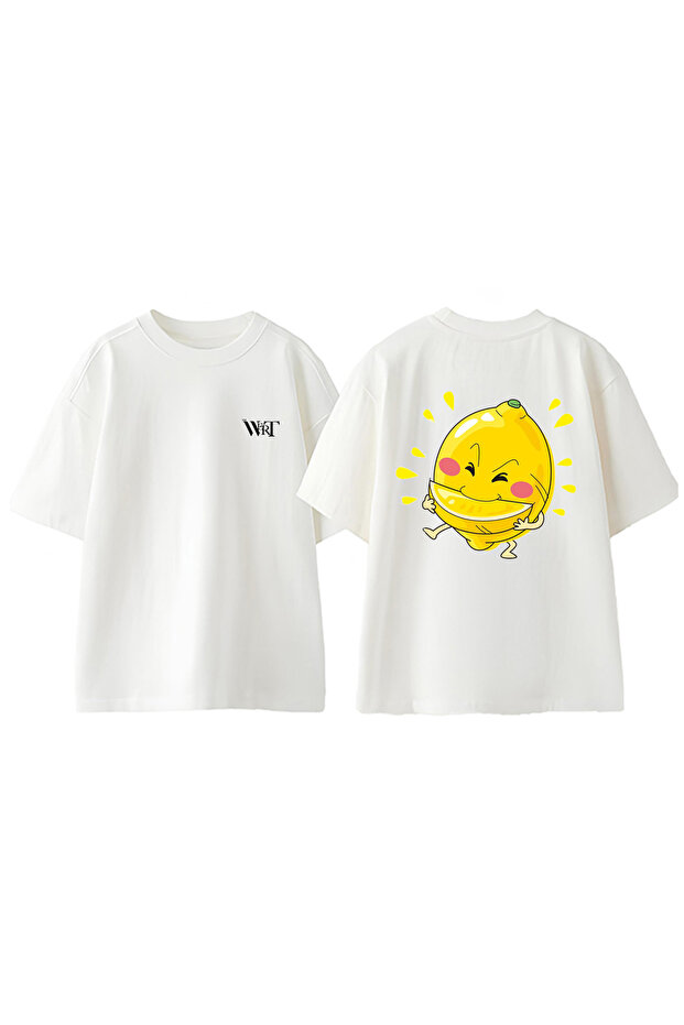 Lemon 3 Design Back Printed Cotton White Oversize T-Shirt