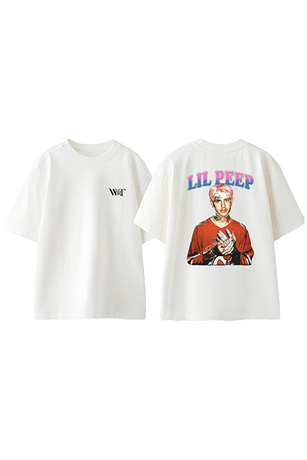 تي شيرت قطني أبيض كبير الحجم مطبوع عليه تصميم Lil Peep 2 على الظهر