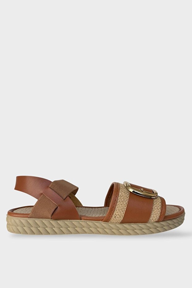 Women's Buckled Straw Single Strap Rubber Detailed Sandals Taba