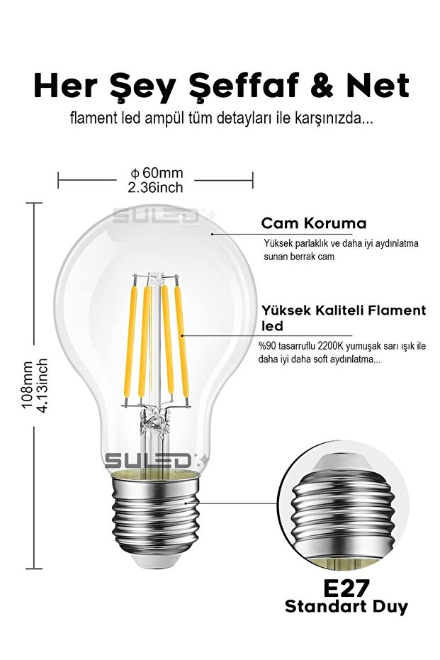 Flamento Rustik Ampül E27 Duy 220V Dimmer Uyumlu %90 Tasarruflu Ev Cafe Aplik Abajur Tavan Ampül - 3