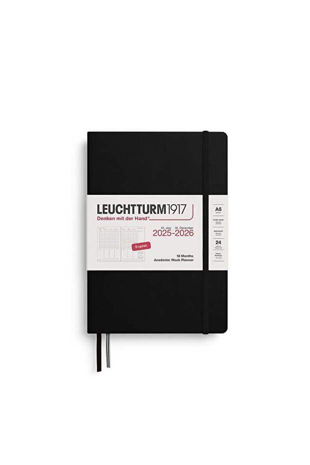 Medium Size (A5) Academic 18-Month Weekly Planner 2026 Hard Cover, English, Black 3728