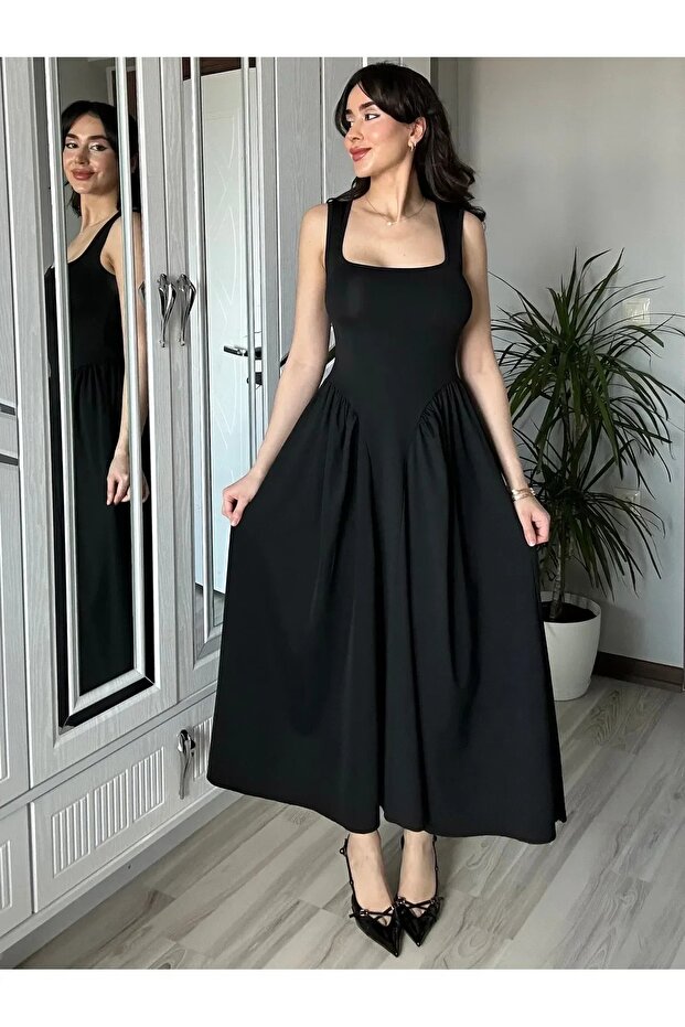 Kadın Kare Yaka Kalın Askılı Elbise - 1