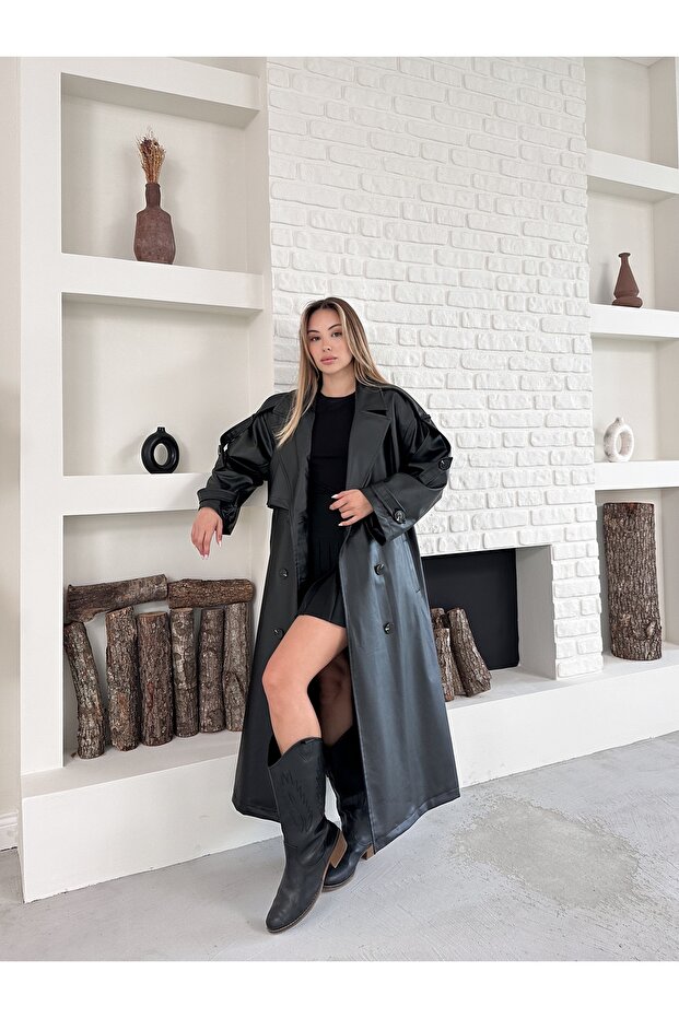 معطف جلدي طويل مبطن بحزام وأزرار - 7