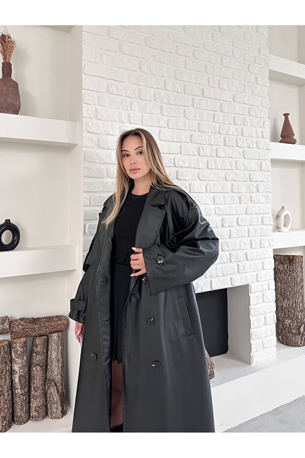 معطف جلدي طويل مبطن بحزام وأزرار - 2