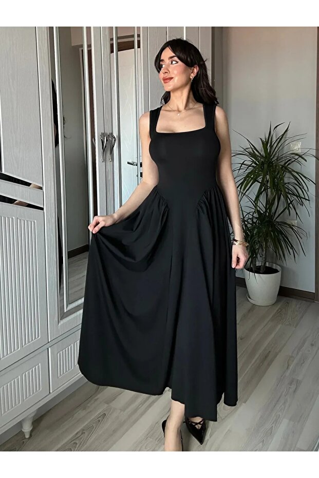 Kadın Kare Yaka Kalın Askılı Elbise - 7