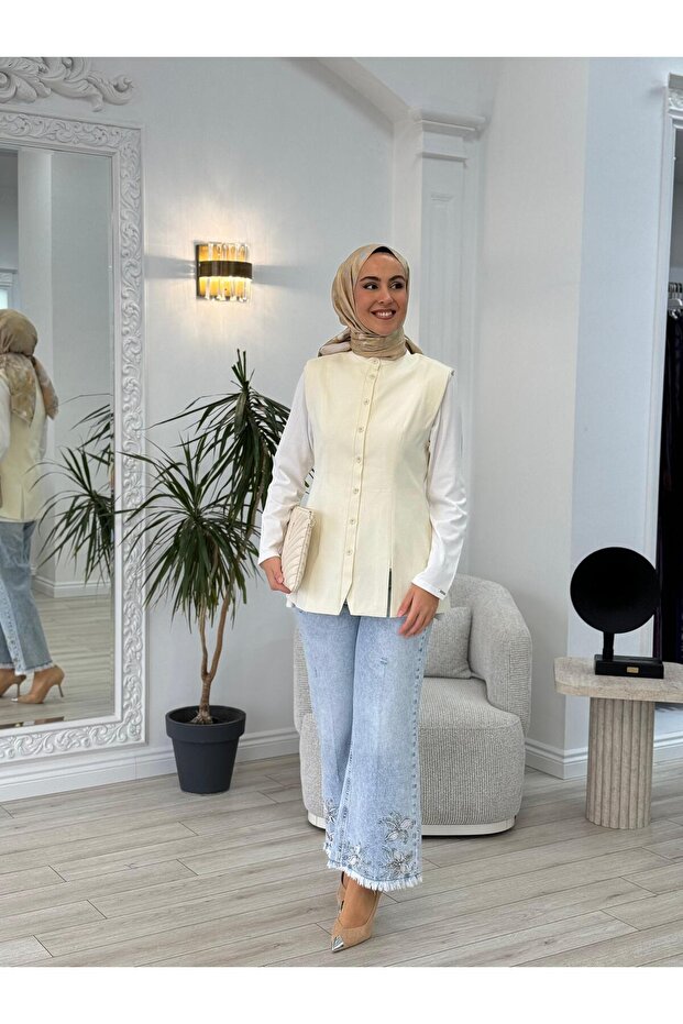 QOOQ Magne Yelek Ekru 25fw624 - 2