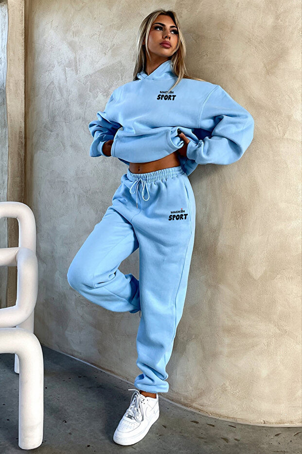 Uniszex férfi női sportmintás, nagyméretű, 3 szálas kapucnis tréningruha szett - 1