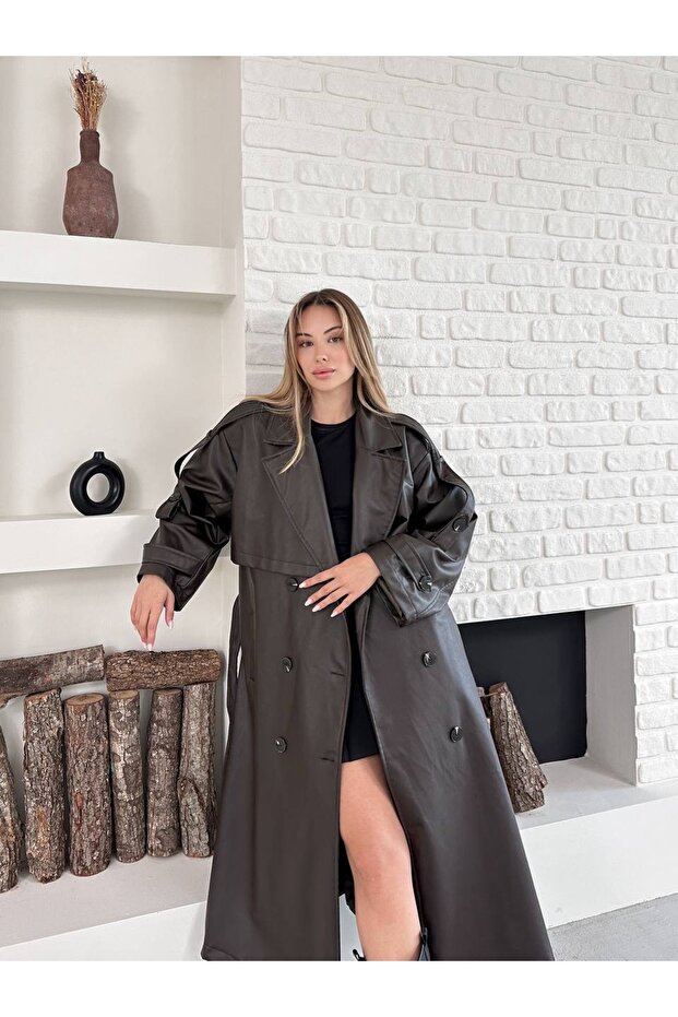 Women's Black Trench Coat Faux Leather Belted Pocketed Cool and Stylish Outerwear