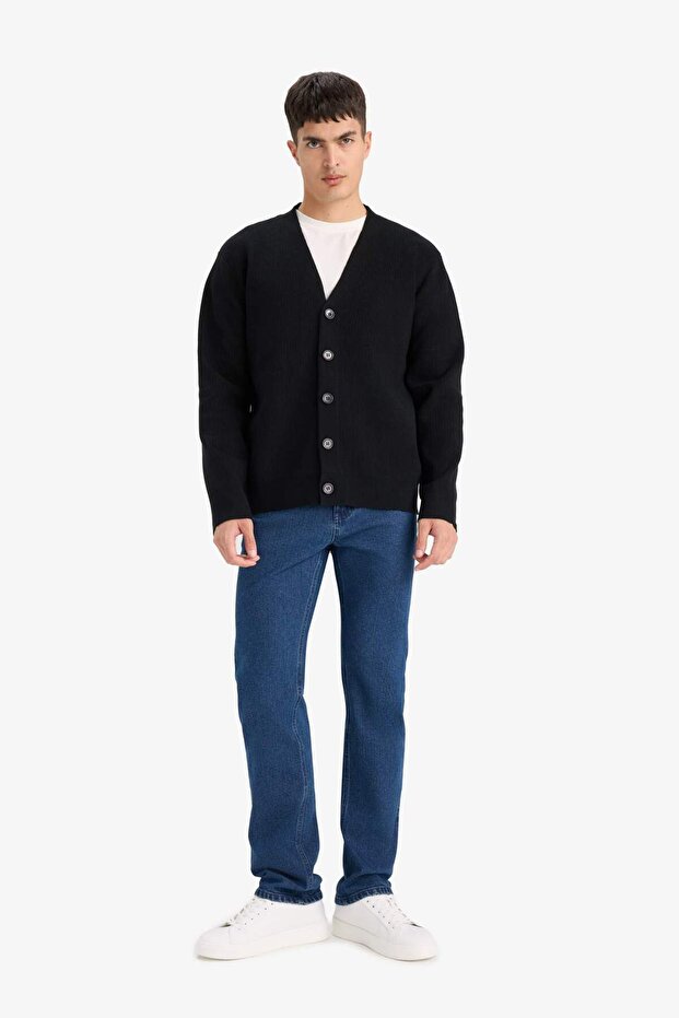 Relax Fit V Yaka Düğmeli Triko Hırka F2700AX25WN - 2