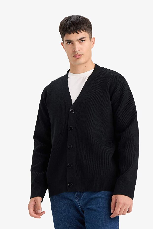 Relax Fit V Yaka Düğmeli Triko Hırka F2700AX25WN - 3