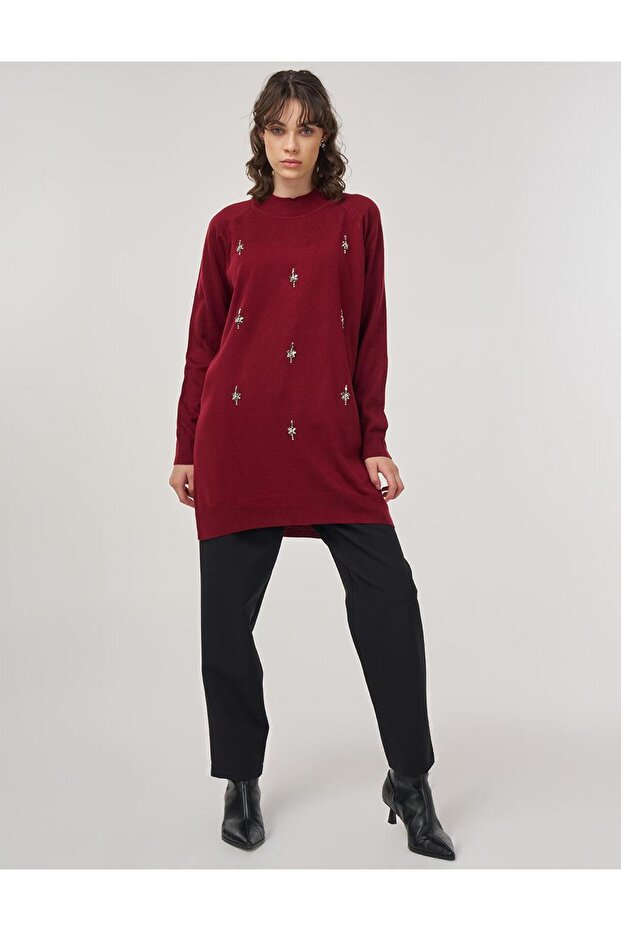 Taş İşlemeli Triko Tunik Bordo - 2