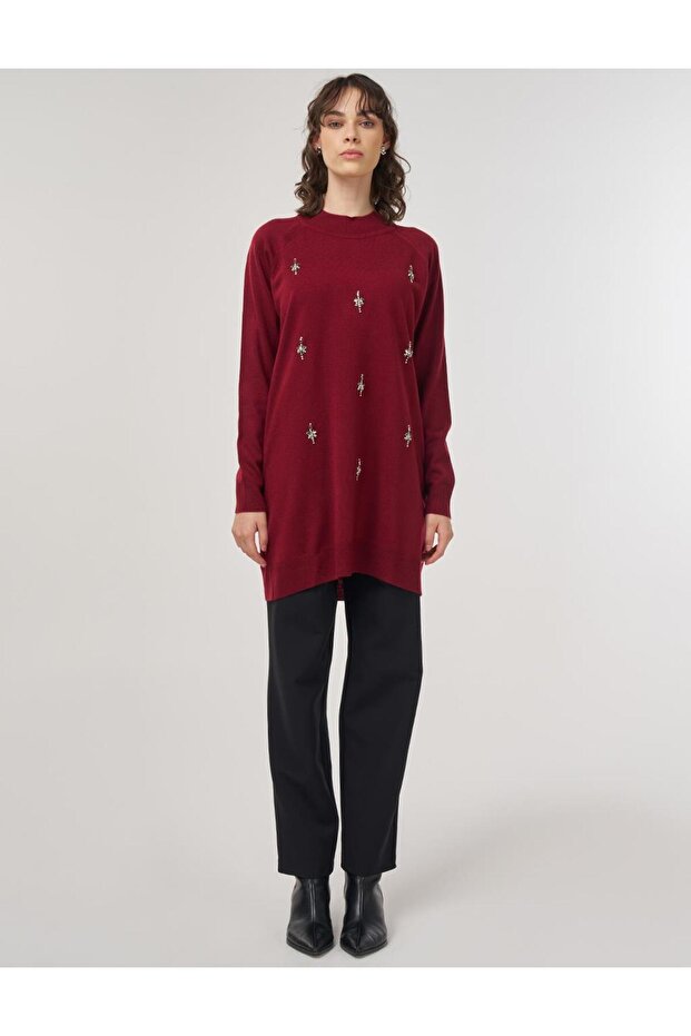 Taş İşlemeli Triko Tunik Bordo - 3