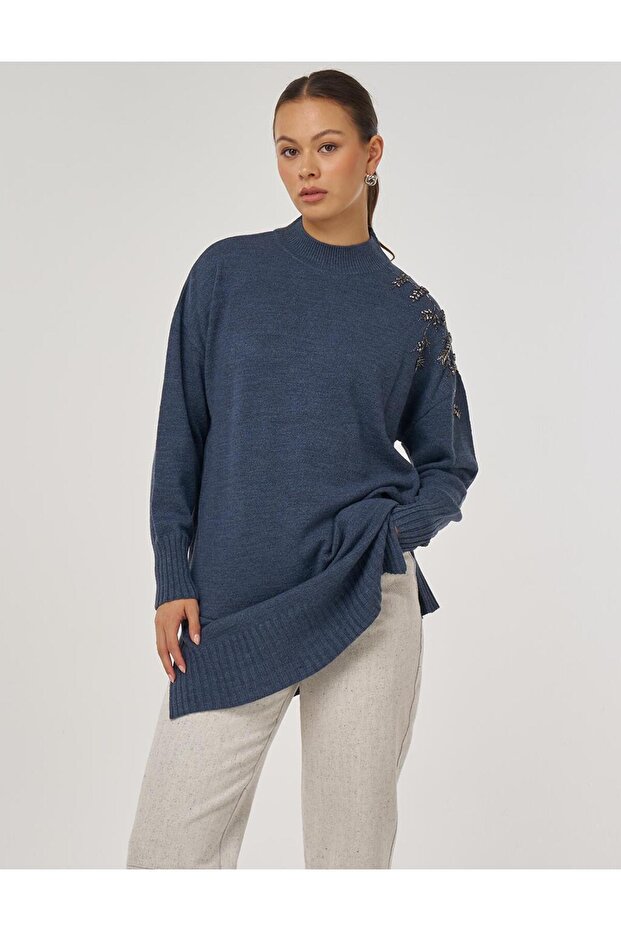 Omzu İşlemeli Triko Tunik İndigo - 1