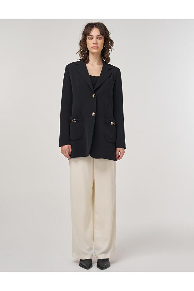 Double Button Blazer Jacket Black - 3