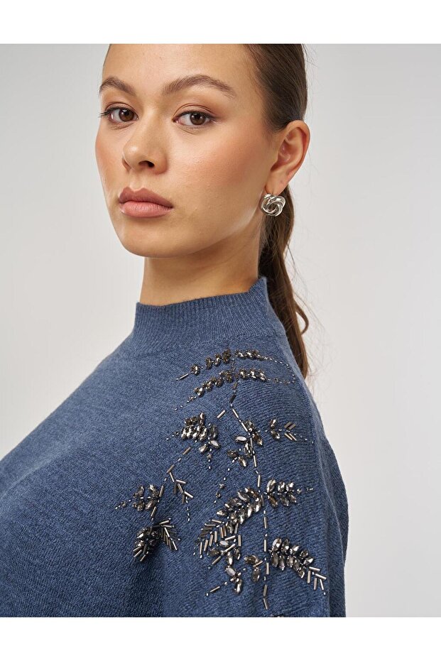 Omzu İşlemeli Triko Tunik İndigo - 7