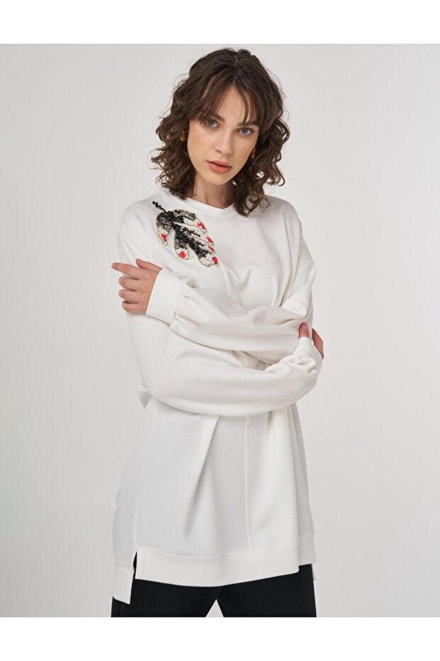 İşlemeli Scuba Sweatshirt Ekru - 1
