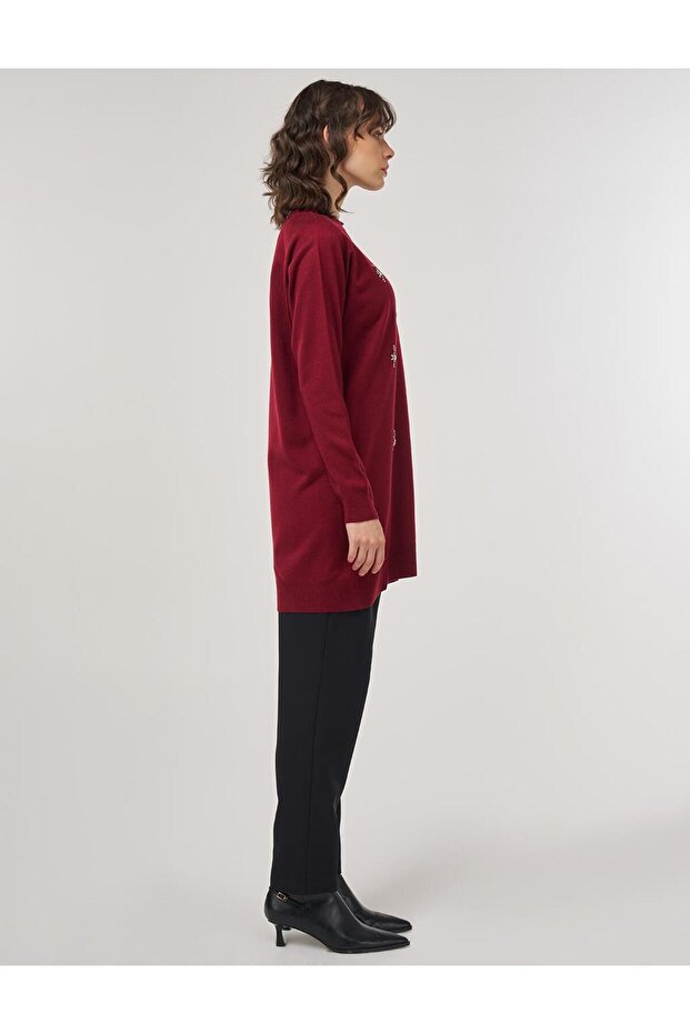 Taş İşlemeli Triko Tunik Bordo - 6