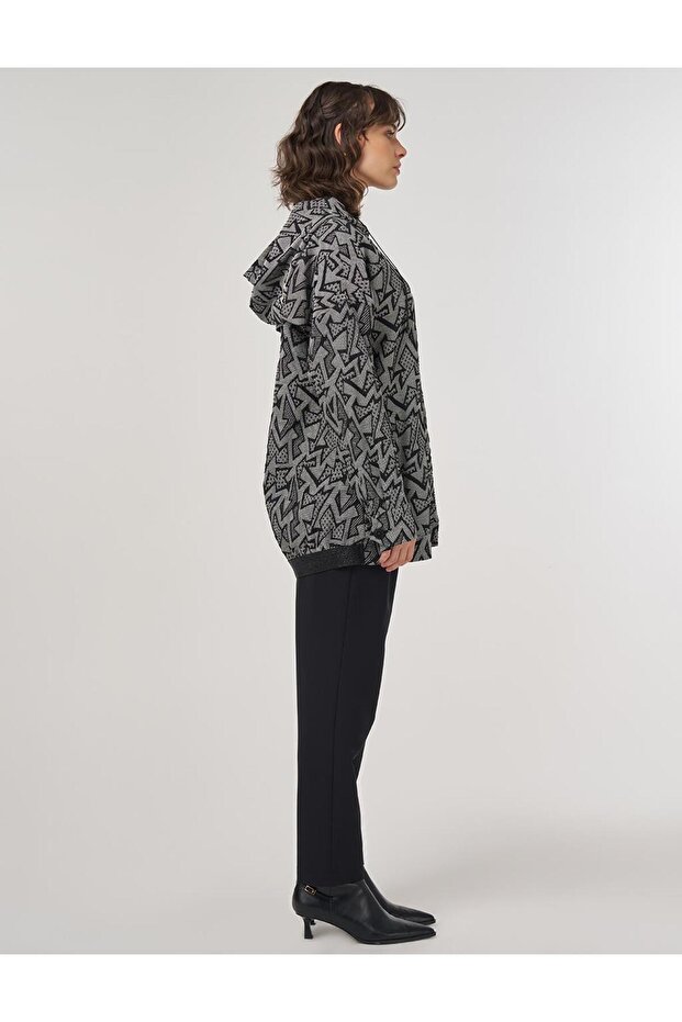 Abstract Pattern Hooded Detailed Jacket Black - 2