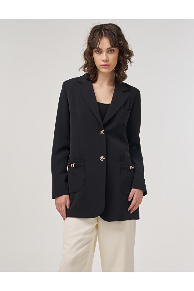 Double Button Blazer Jacket Black - 1