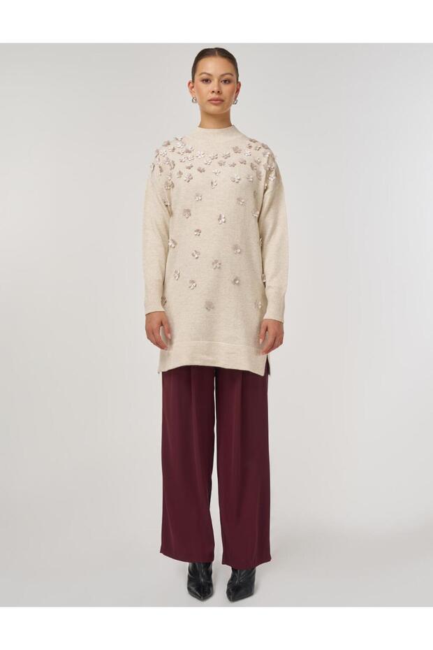 Çiçek Aplikeli Triko Tunik Krem - 2