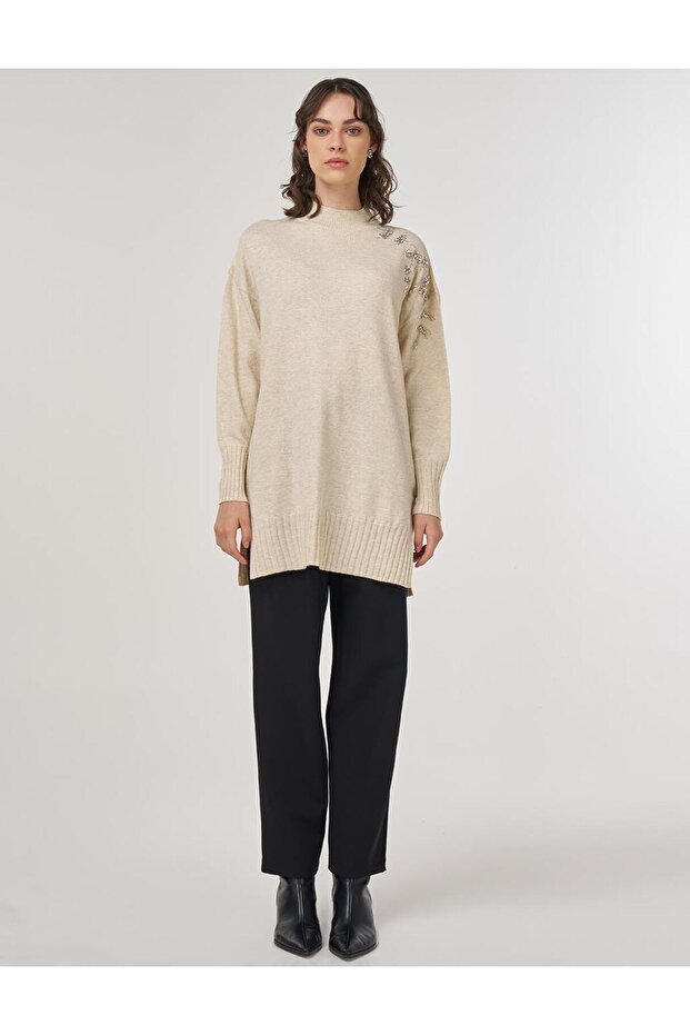 Omzu İşlemeli Triko Tunik Taş - 3