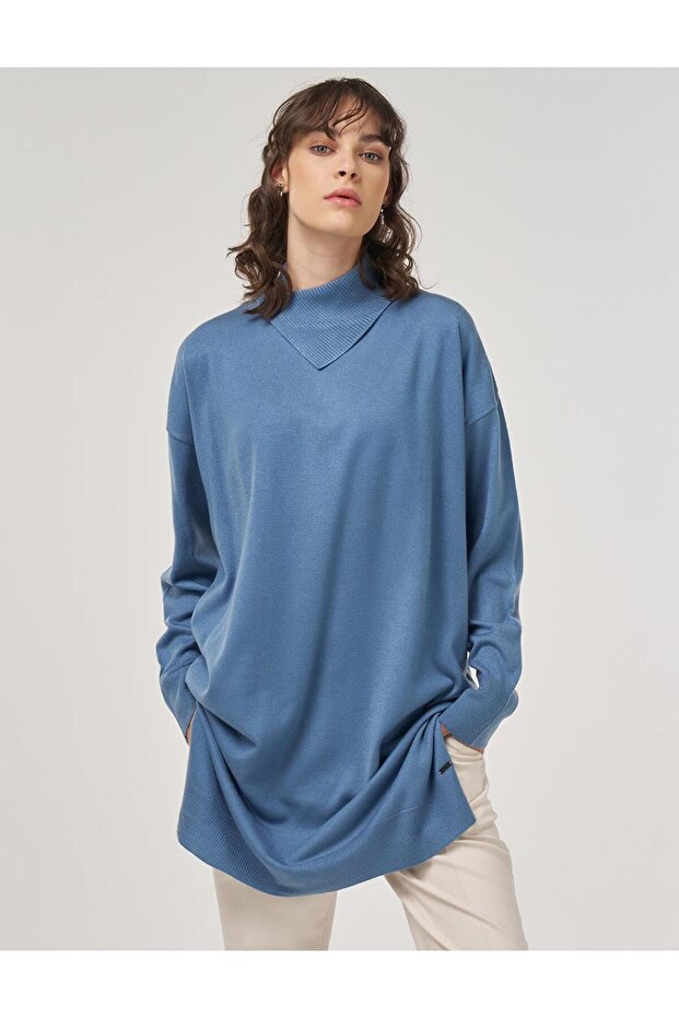 Devrik Yaka Triko Tunik Taç Mavisi - 1