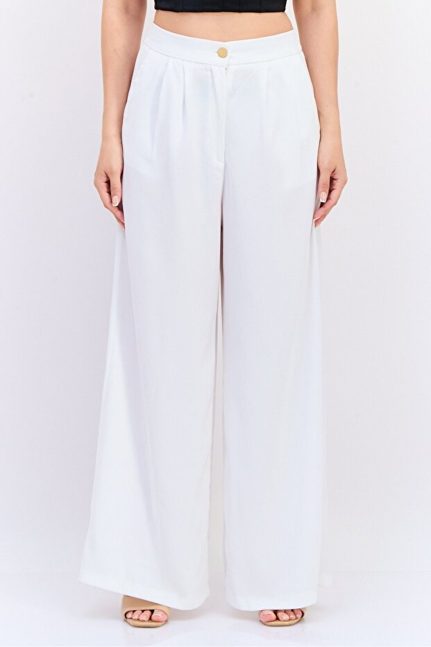 Women Regular Fit Solid Wide Leg Pants, White