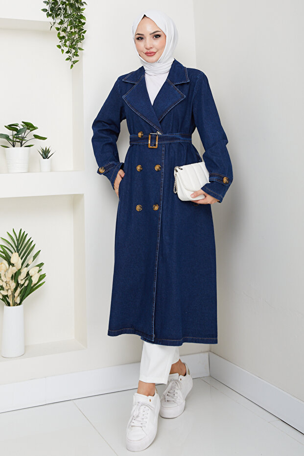 Women's Double Breasted Collar Belted Denim Trench Coat