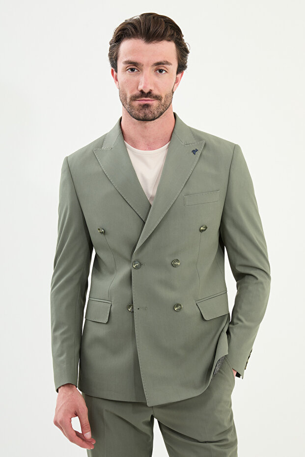 Straight Slim Fit Wide Collar Double Breasted Men's Suit Khaki - 45392.25Y