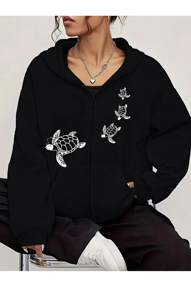 Tortoise Patterned Zippered Hoodie - 2