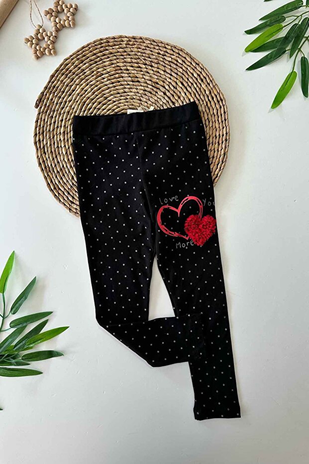 Heart Polka Dot Printed Girls' Combed Cotton Tights - Black