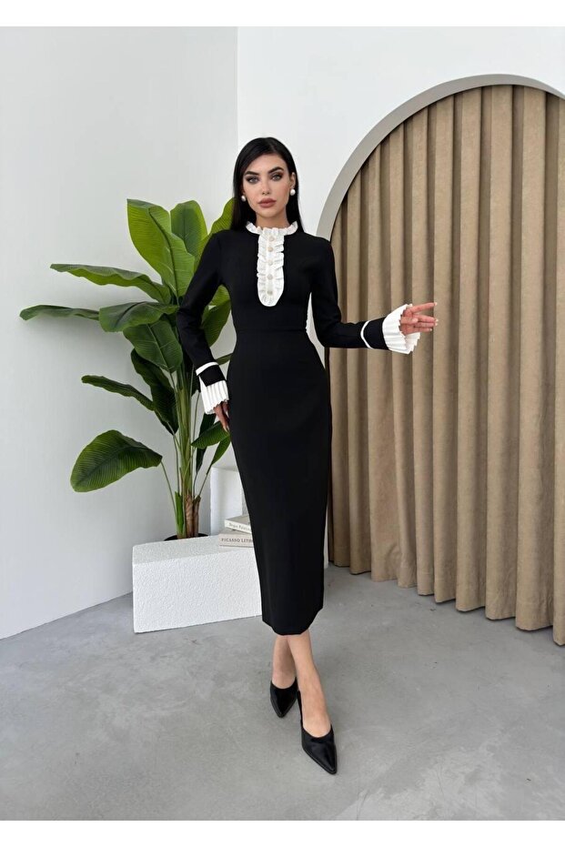 Ruby Fırfır Detay Manşet Kol Midi Elbise - 1