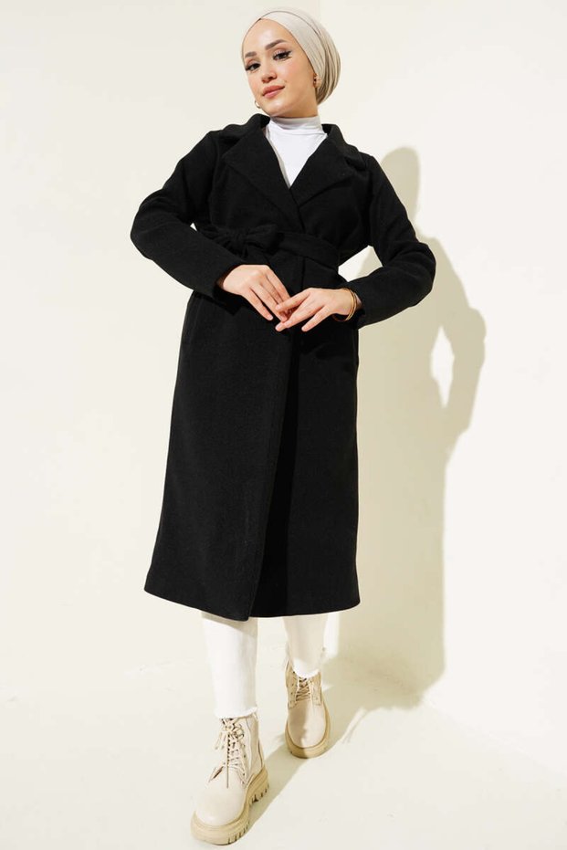 Women's Black Lined Pocketed Long Oversized Melton Coat with Belt