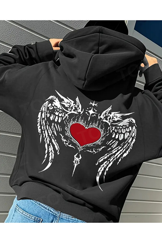 Oversized Zippered Black Unisex Hooded Cardigan with Mask Detail