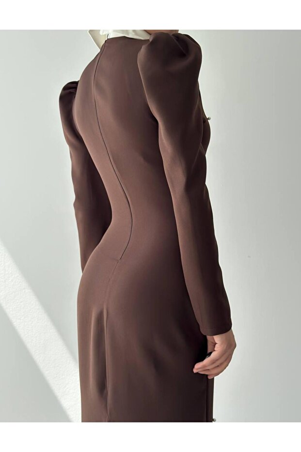 Perlina İnci Boncuk Detay Gömlek Yaka Uzun Elbise - 1